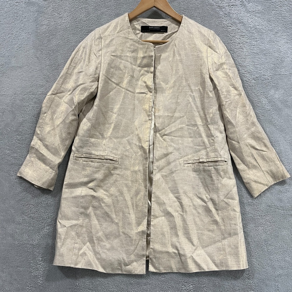 Zara Blazer Jacket Womens S Linen Beige Open Gold Shimmer Lagenlook Preppy - Picture 1 of 9